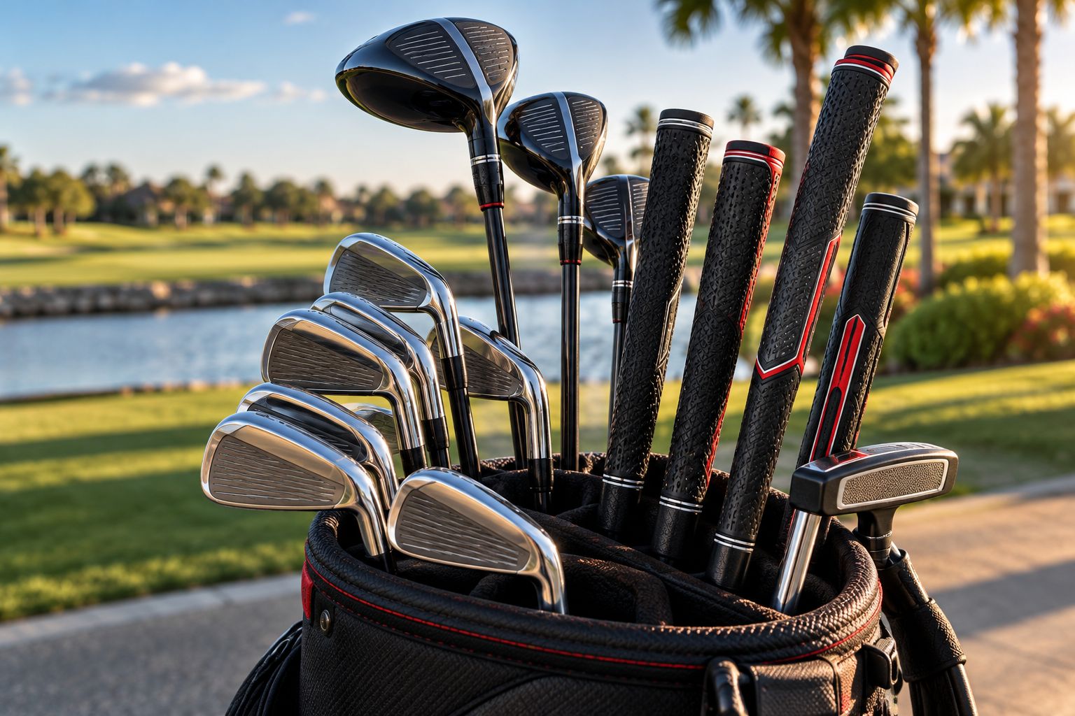 Golf bag with freshly regripped clubs on the course