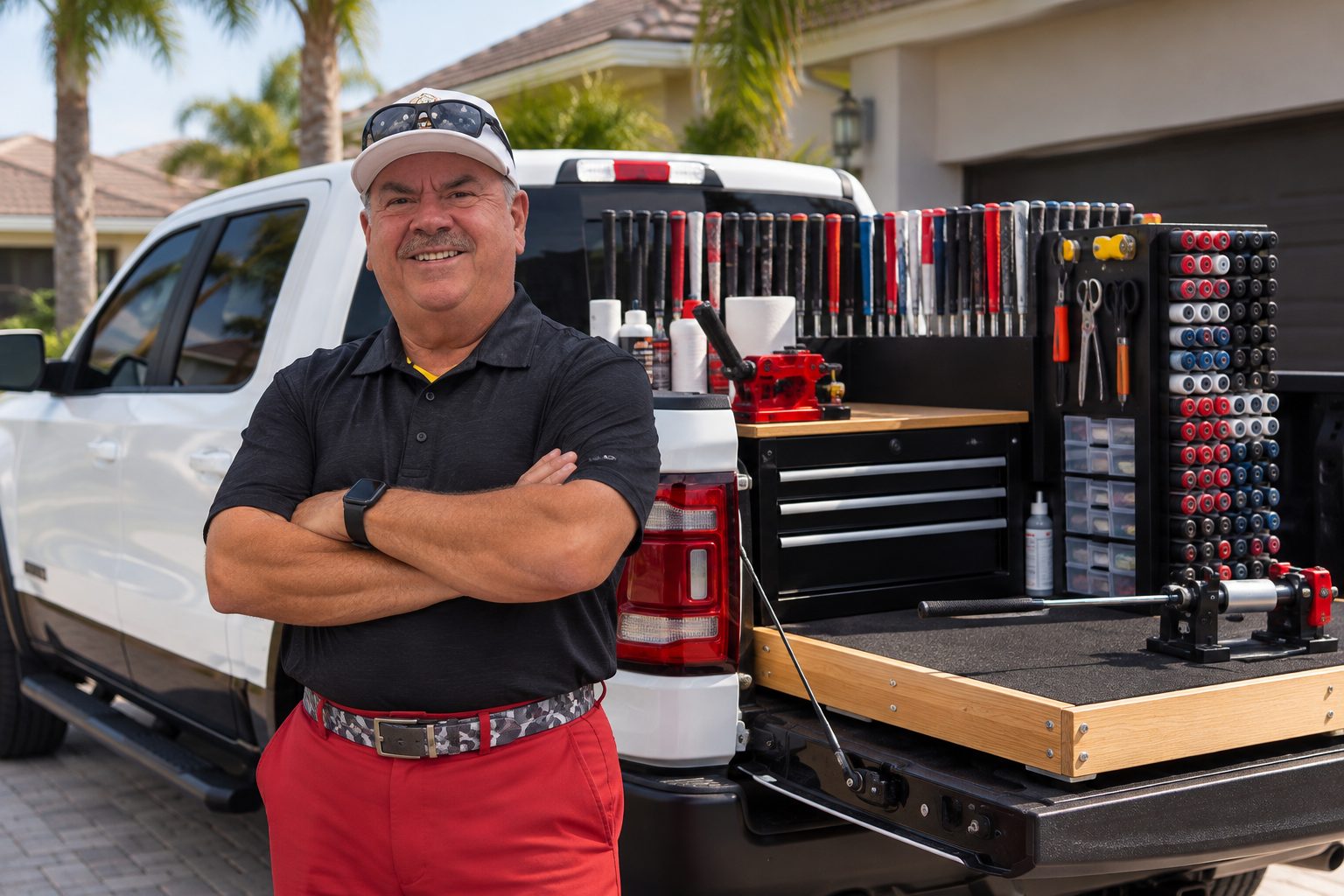 Gilberto, Grip Shepherd regrip technician, with his mobile regrip setup