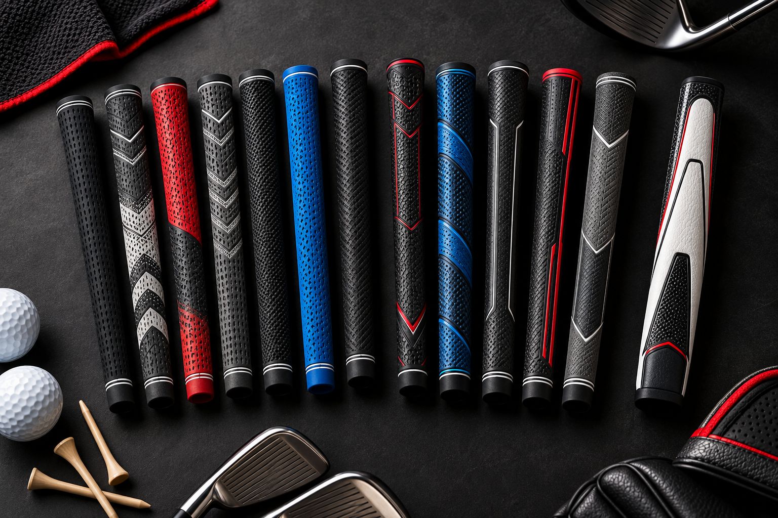 Row of new golf grips in black, red, blue and gray on a dark surface