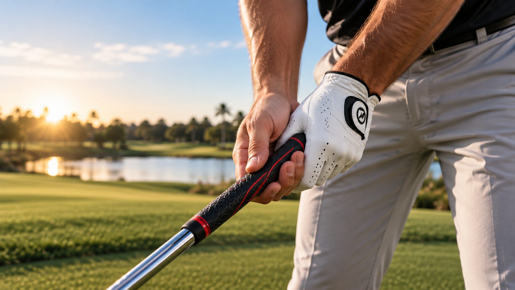 Golfer gripping a club on the course