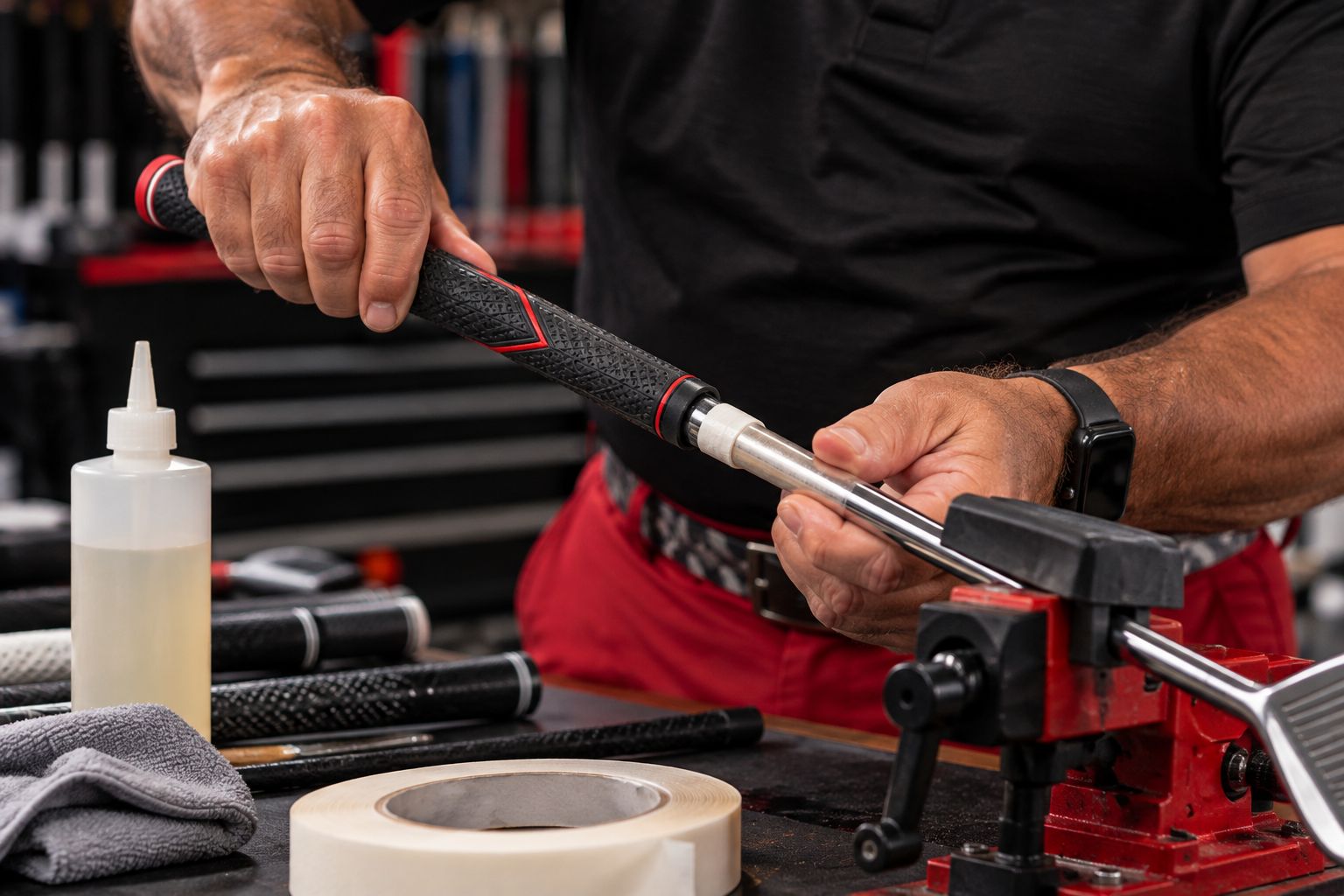 Hands sliding a new grip onto a golf club shaft held in a red vise
