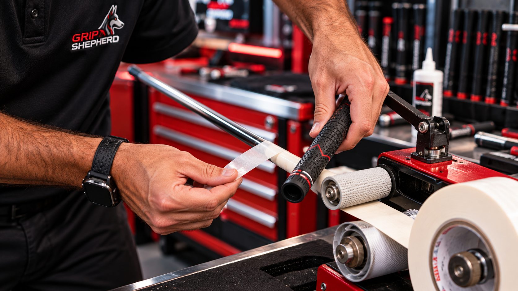 Hands installing a new grip on a golf club at a workbench