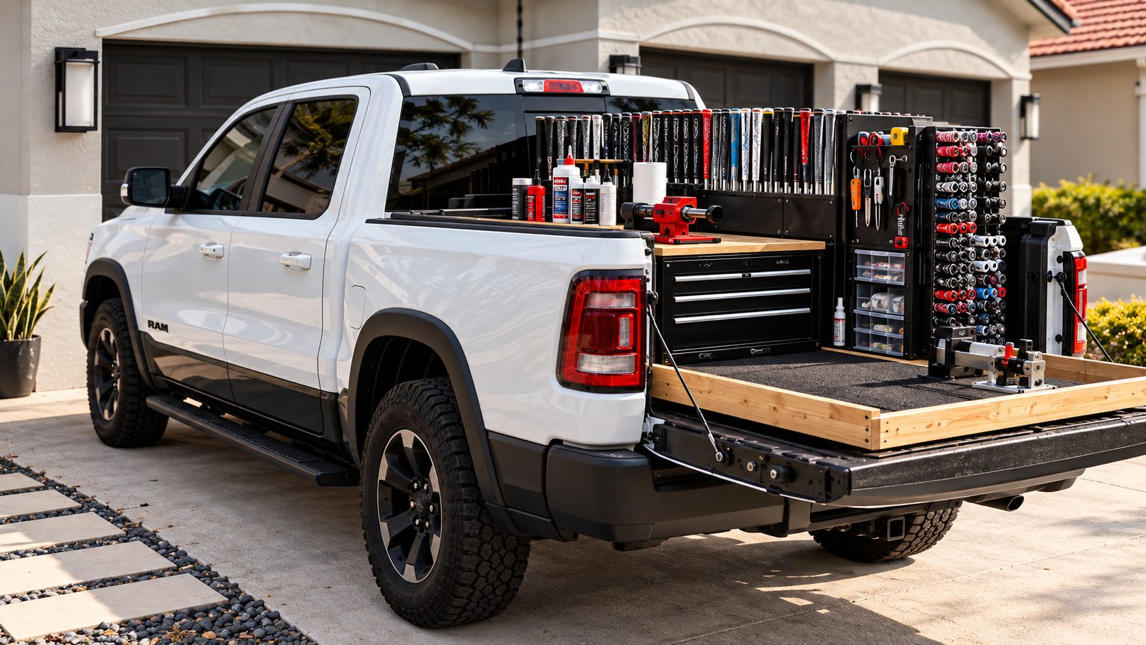 Rear of the white Grip Shepherd RAM truck with tailgate down, pull-out workbench, and grip wall